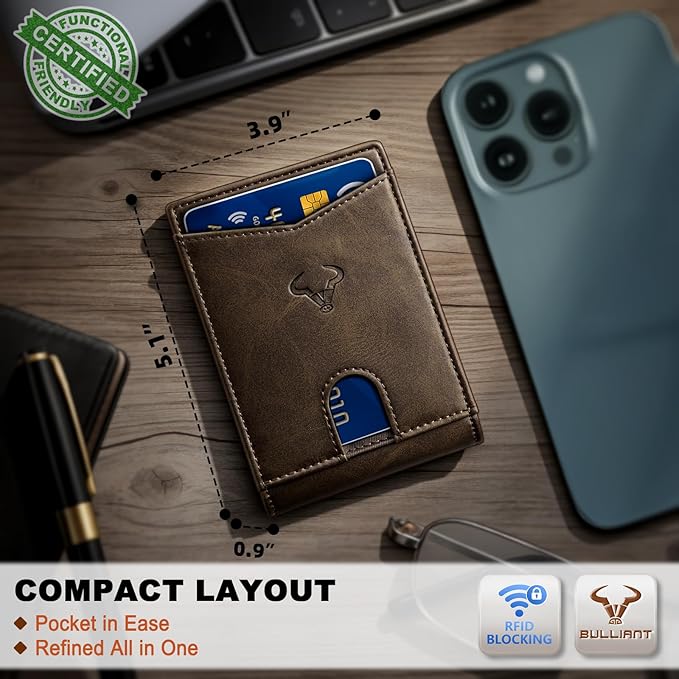 BULLIANT Men Wallet, Slim Leather Wallet Front Pocket Card Holder Gift For Men 11 Slots RFID Blocking