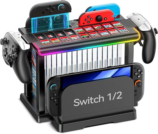 Switch 2/1/OLED RGB Organizer Station with Controller Charging Dock, Switch Storage Stand, Joycon 1/2 Charger, Gaming Accessories Holds TV Dock, 16 Game Cases, 18 Game Cards, and 2 Pro Controllers