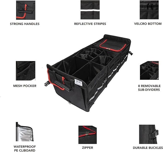J&K Car Trunk Organizer for SUV,Truck,Van,Sedan- Multi-Compartment Foldable Car Organizer- Car Trunk Storage with Lid and Removable Leak-Proof Thermal Bag- Adjustable Straps (Large Size, Black)