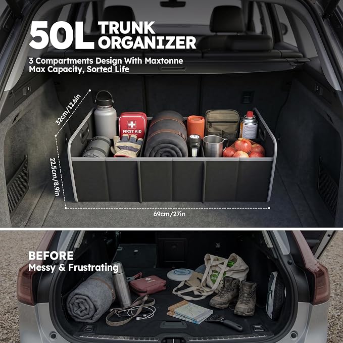 50L Car Trunk Organizer, Heavy-Duty 600D Oxford Collapsible Storage Box with 3-Compartments & Securing Straps, Foldable Organizer for SUV/Sedan/Truck, Car Accessories Storage