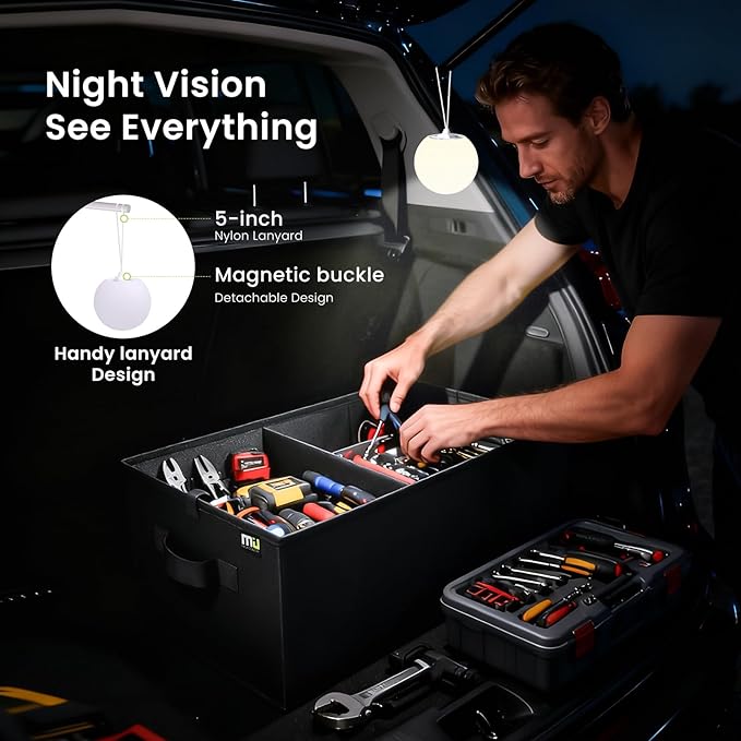MIU COLOR Collapsible Car Trunk Organizer with 3-inch Rechargeable LED Ball Light Set for SUV, Sedan, Van, Camping, Party, Home Storage, Car Accessories for Men, Women, Color Glow Birthday Day Gifts