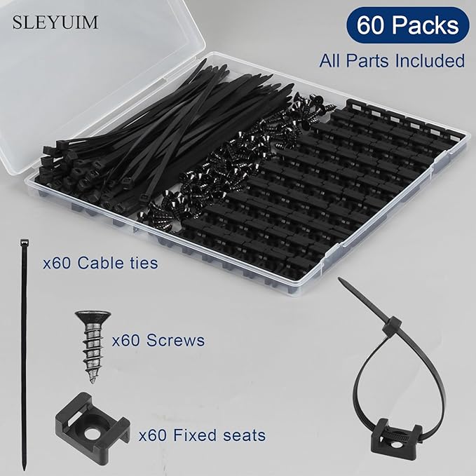 Premium Cable Zip Tie Mounts Kit - 60 Packs Wire Management Holder & Cable Clips, 8" High-Strength Nylon Ties & 5M Screws, Heavy Duty Fasteners for Wall/Desk, Indoor & Outdoor Cable Organizer