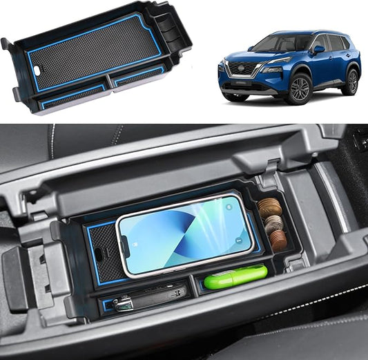 2021-2025 2026 Rogue Center Console Organizer for Nissan Rogue (S/SV/SL/Platinum/Rock Creek/Dark Armor), Durable ABS&Anti-Slip Rubber Console Tray Insert 2026 2025 Rogue Accessories (Blue)