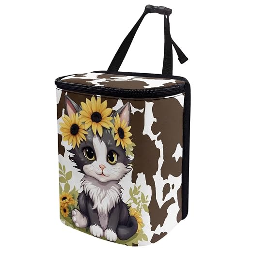 Car Trash Can Cars Waste Basket with Lid Storage Pockets for Disposable Garbage Bag Multipurpose Collapsible Car Organizer, Cat Sunflower Cow Print