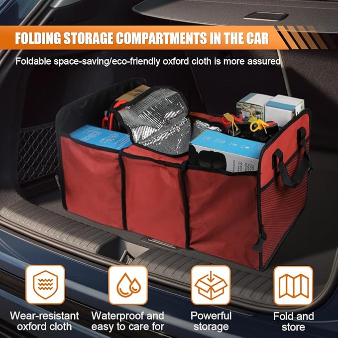 Car Trunk Organizer, Oxford Fabric Waterproof & Anti-Slip Vehicle Storage Box with Leak Proof & Insulated Cooler Bag, Large Capacity Foldable Auto Storage Box for Car, SUV, Truck (Red)