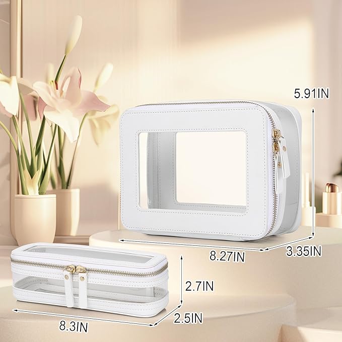 Pinkmik Clear Makeup Bag with Brush Case Travel Toiletry Bag Waterproof Cosmetic Organizer Car Essentials for Women (White,M+SLIM-1)