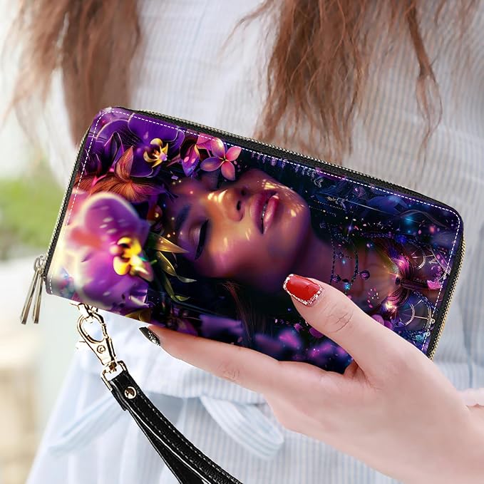 Women's Large Capacity Wallet PU Leather Double Zipper Clutch Purse Multifunctional Wallet with Removable Wristlet Strap for Smart Phone/Coin/Card/Cash, Floral Wreath Women