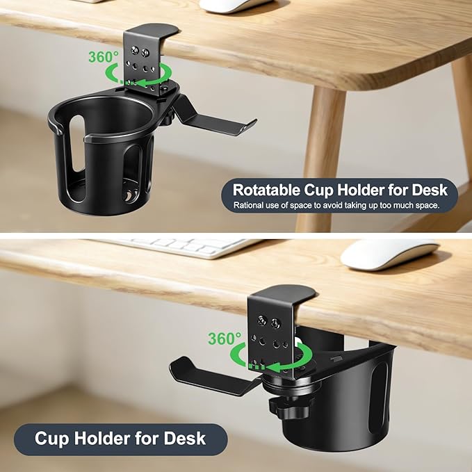 MYITYARD Desk Cup Holder Clamp, 2 in 1 Anti-Spill Clip On Table Cup Holder with Headphone Hanger, Rotatable Water Bottle Stand Drink Coffee Mug Storage, Office Accessories for Home and School
