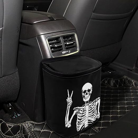 Biyejit Funny Skeleton Car Rubbish Storage Reusable Car Trash Can for SUVs Vans, Waterproof Automotive Garbage Cans Bin Hanging Leak Proof Vehicle Trash Can