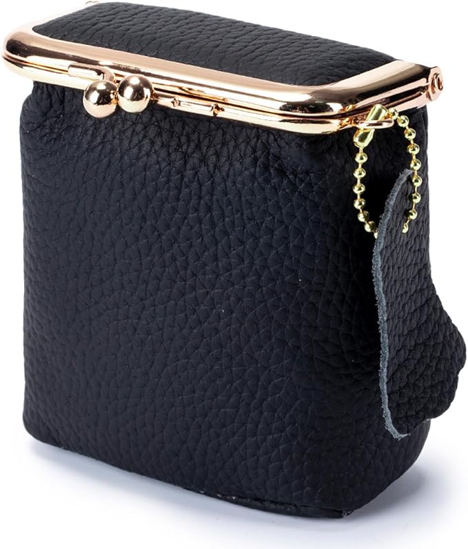 Litchi Leather Coin Purse for Women, Portable Vintage Wallet Mini Lipstick Holder Fashion Solid Color Kiss Lock Key Storage Square Pouch (Black)