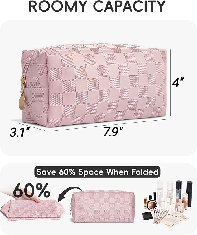 Checkered Makeup Bag for Purse - Cute PU Leather Travel Cosmetic Pouch for Women, Portable Flat Toiletry Organizer with Gold Zipper(pink)