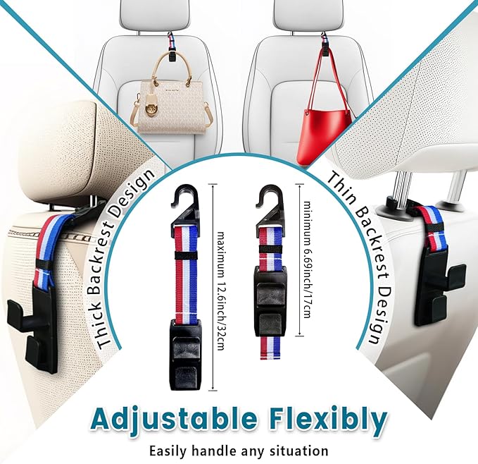 Purse Hook for Car, Adjustable Headrest Bag Seat Hooks Back, Car Accessories for Women, Coloured, 4 Pack