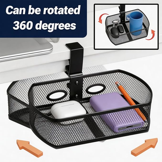 Clamp On Desk Organizer, Hanging Desk Shelf with Clamp, Metal Mesh Desk Drawer Attachment for Office Supplies, Phone, Pens, Glasses, No Drill Under Desk Storage