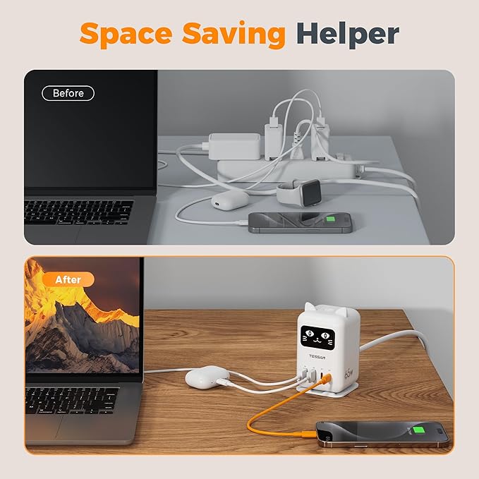 USB C Charger Block PD 65W, TESSAN Charging Station for Multiple Devices, Desktop Tower Charger with 4 USB Ports for iPhone 17/16/15, MacBook, Tablet, Office Home Dormroom