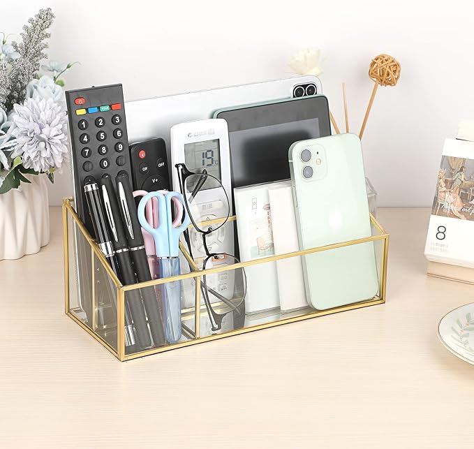 Sumnacon Glass Mail Organizer for Desk, Gorgeous Desktop Mail Holders, Clear Makeup Brush Paper File Organizer, Modern Mail Organization for Living Room Office Kitchen Countertop