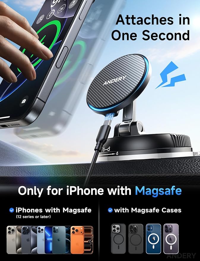 ANDERY Only for iPhone Magsafe Car Mount Charger [15W Wireless Faster Charging, 78+LBS Strongest Suction, 2400gf Strongest Magnetic] 360° Adjustable Car Phone Holder for All Smartphones & Cars