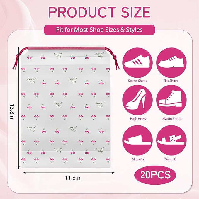 Shoe Bags for Travel, 13.8" x 11.8" Travel Shoe Bags for Packing, Large Waterproof Portable Travel Shoe Storage Bags Travel Essentials Women for and Men (20, Cherry)