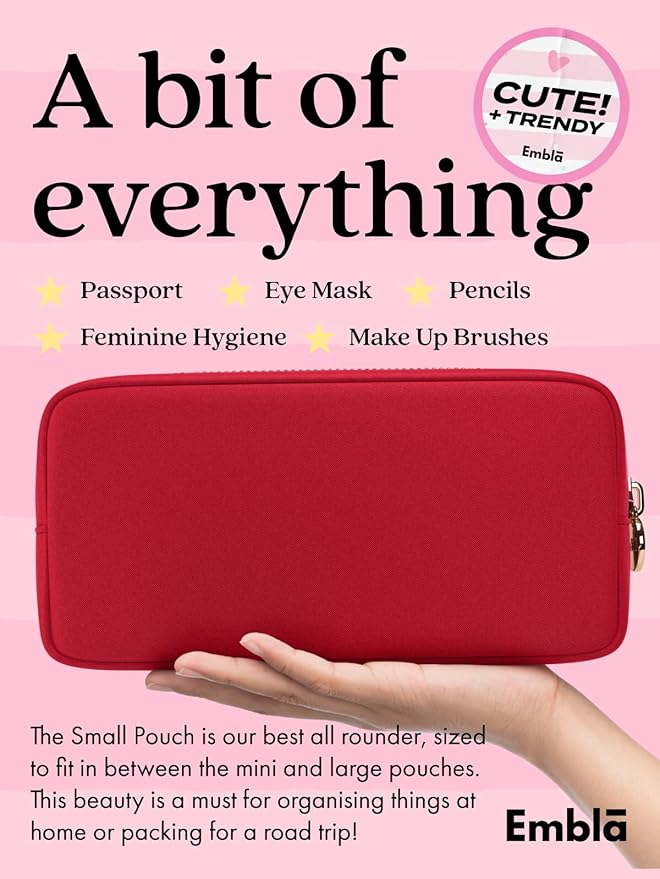 Embla Makeup Bag Travel Cosmetics Pouch and Toiletry Bag, Nylon Zipper Pouch Purse, Cute Make Up Organizer Storage Tote for Women Girls, Waterproof Travel Skincare Case, Small Makeup Bags, Ruby Red