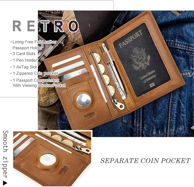 CONTACTS Full Grain Leather Passport Holder RFID Blocking Travel Passport Wallet Compatible with Airtag Passport Cover Case with 4 Cards Slots, Coin Pocket (Brown)