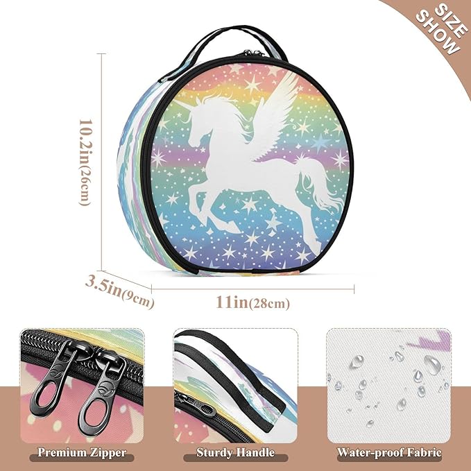 senya Round Cosmetic Pouch Travel Makeup Train Case Winged Unicorn Stars Makeup Organizer Bag with Adjustable Dividers Portable for Cosmetics Makeup Brushes Toiletry Jewelry Accessories