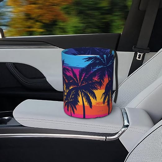 Car Garbage Bag Blue Palm Trees at Sunset Mini Car Trash Bin Portable Collapsible Waterproof Rubbish Bag for Car Accessories Back Front Seat Cup Holder