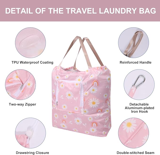 2 Pack Travel Laundry Bag with Handle and Drawstring, Expandable Foldable Dirty Clothes Bags with Hook and Zipper, 23*20 inch, Cartoon 1 White + Pink