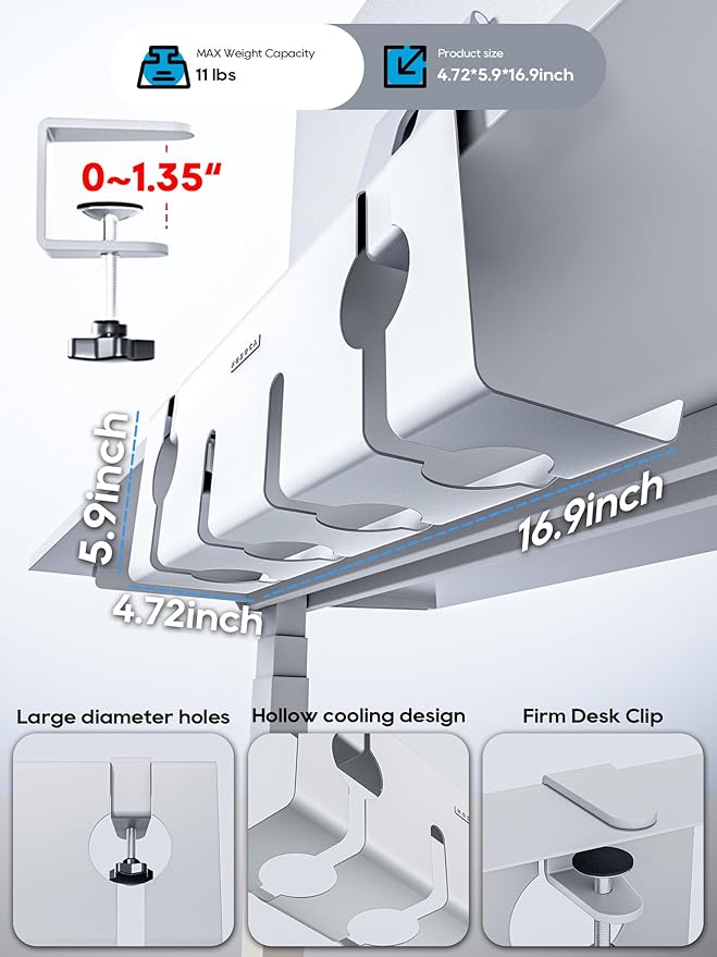 NODOCA No Drill Under Desk Cable Management Tray, 17'' Wire Management, Punch-Free Clamp on, Metal Cable Tray, Wire Organizer Under Desk, Under Desk Basket for Office and Home, White(2 Packs)
