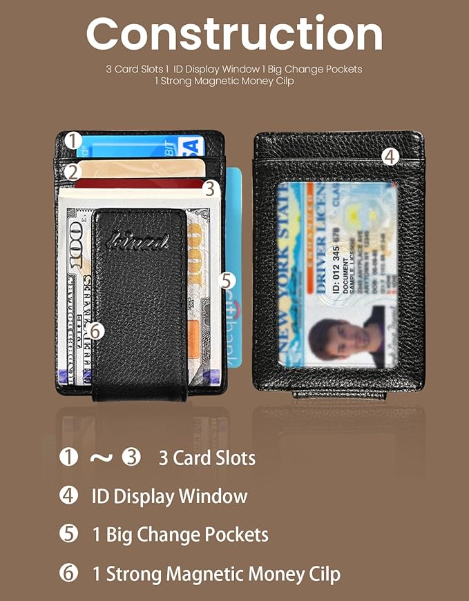 kinzd Slim Money Clip Wallet for Men Genuine Leather Front Pocket RFID Blocking Wallet, Minimalist Card Holder with 4 Strong Magnets Hold 30 Bills | RFID Blocking, Strong Magnet, thin