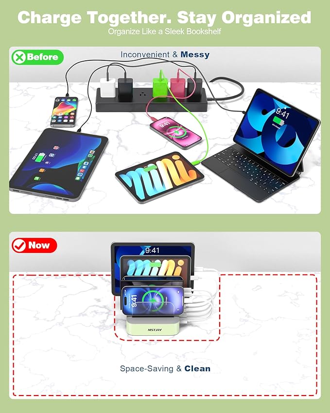 MSTJRY Charging Station for Multiple Devices : 5 Port Multi USB-A Charger Stations Multi-Device Organizer Charging Dock Designed for iPhone iPad Cell Phone Tablets (7 Short Cables Included), Cyan