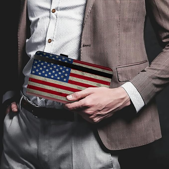 FUYOCWE Leather Checkbook Covers for Men Women Check book Holder Cover Wallets for Personal Checkbook Duplicate Checks with RFID Blocking & Elastic Strap-Retro American Flag