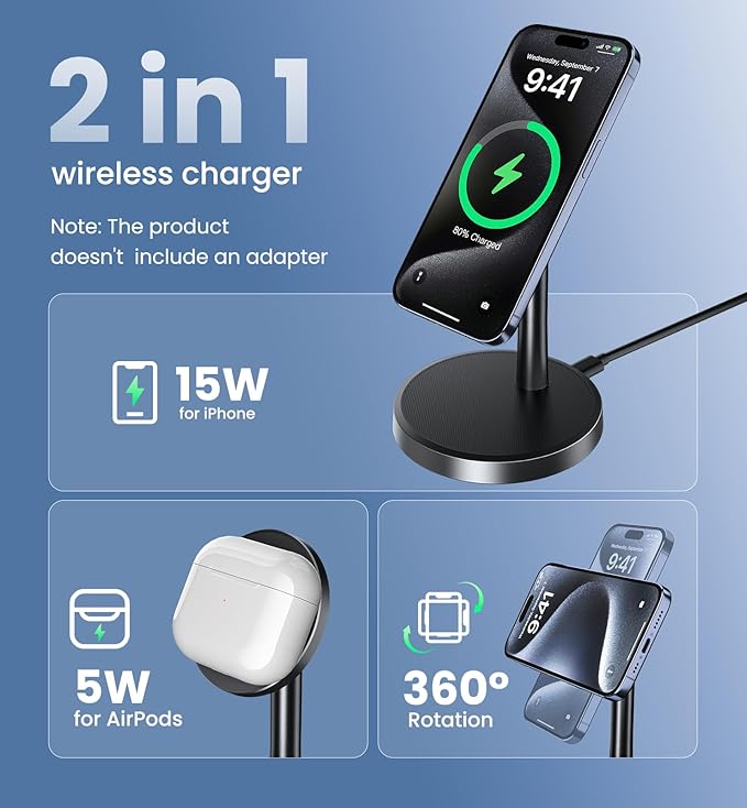 Magnetic Wireless Charger iPhone, 2 Pack 15W Fast Mag-Safe Charger Stand for iPhone 17/17 Air/17 Pro/17 Pro Max 16/15/14/13/12 Series, Wireless Charging Station for Pad/AirPods