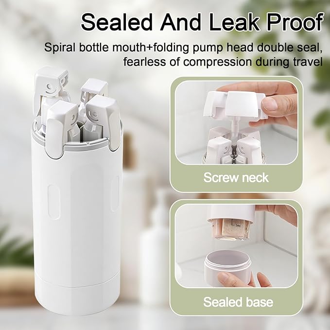 4 in 1 Travel Dispenser Bottles Refillable,Travel Shampoo and Conditioner Bottles，No Spill Space Saving Compact,for Vacation Business Trip(White