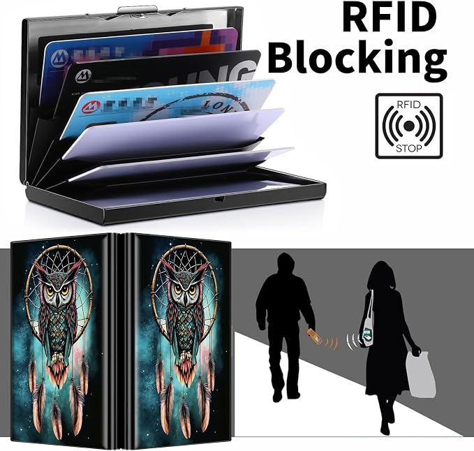 Metal Wallet for Women Men Girls, RFID Blocking Slim Aluminum Credit Card Holder, Mini Travel Wallet with Hard Shell, Lightweight ID & Business Card Case,Owl Dream Catcher