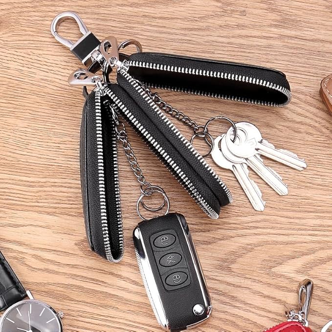 Car Key Chain Bag Double Zipper Leather Protection Key Coin Holder Keyring with Transparent Window