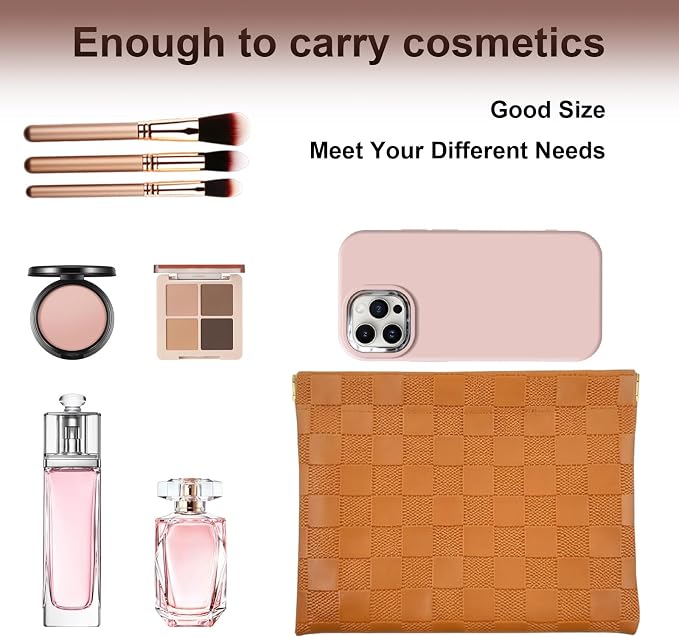 3Pcs Small Makeup Bag for Purse, Waterproof Portable Checkered Leather Makeup Pouch, Small Purse Pouches for Purse Small Coin Purse Organizer Pouches Snap Closure Pocket Cosmetic Bag for Women (Brown)
