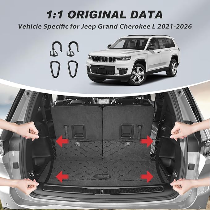 Karltys Cargo Net for Jeep Grand Cherokee L 2021-2026 Envelope Style | Elastic Mesh Net | Heavy Duty | Metal Hooks | Jeep Grand Cherokee L Trunk Net Accessories