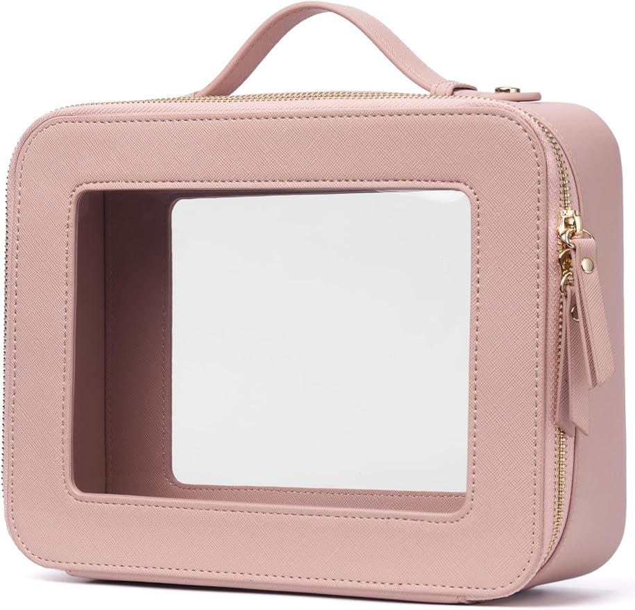 Popvibe Clear Makeup Case Set Pink Toiletry Bag Travel Large Clear Cosmetic Bag with Zipper, Big Make Up Bag Organizer Women Traveling TSA Approved Transparent Bag Car for Essentials