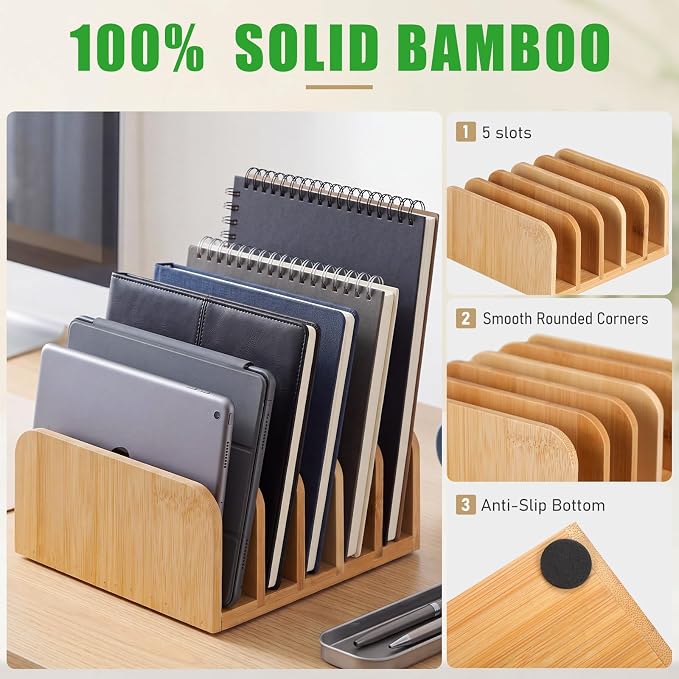 Lineshading Bamboo Letter Organizer, 5 Compartments Desk Mail Organizer, Desktop Envelope Holder and Letter Sorter, Countertop Paper File Holders with Anti Slip Mat for Home Office(Bamboo Color)