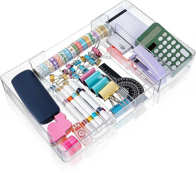 Expandable Acrylic Drawer Organizer, Clear Desk Drawer Organizers Tray with 8 Adjustable Compartments Multifunctional Desk Accessories for Vanity, Office, Kitchen, Bathroom