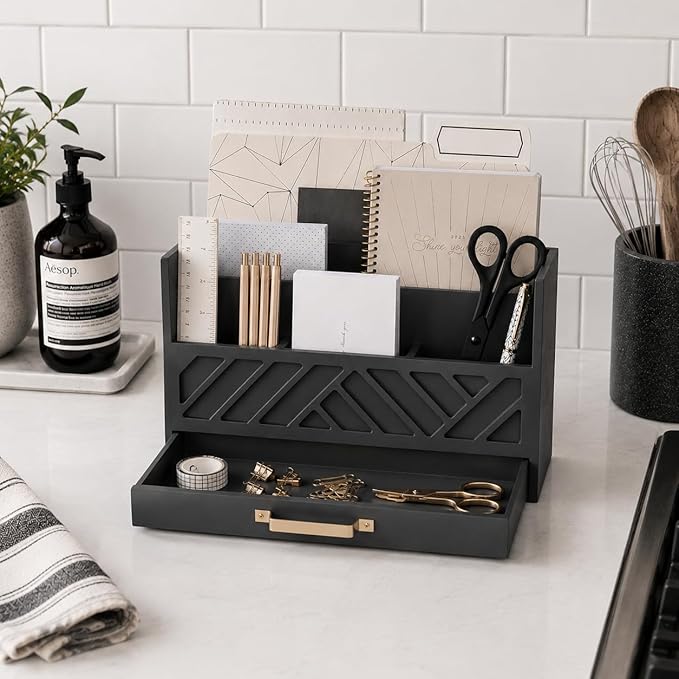 BLU MONACO | Wooden Mail Organizer with Drawer Gold Handle | Mail Sorter Organizer Countertop and Outgoing Mail Holder | Tabletop Organizer with Drawers Grey Desk Storage