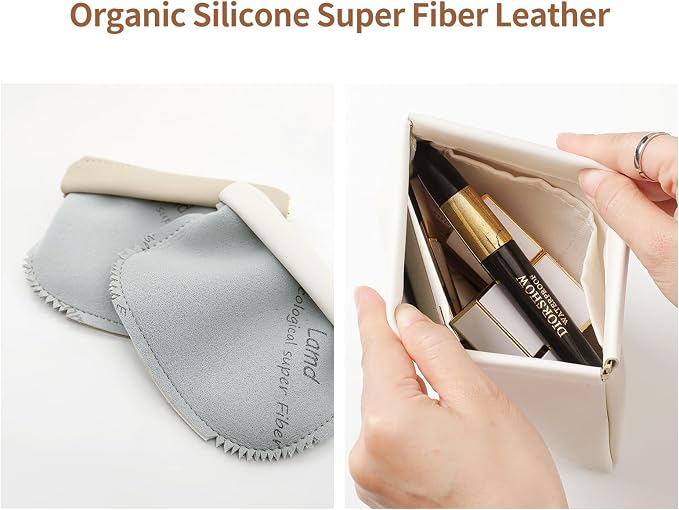 2 Pack Small Makeup Bag for Women, New Organosilicon Super Fiber PU Leather Mini Cosmetic Bag for Travel, Coin Purse Organizer Storage Pouch (Cream)