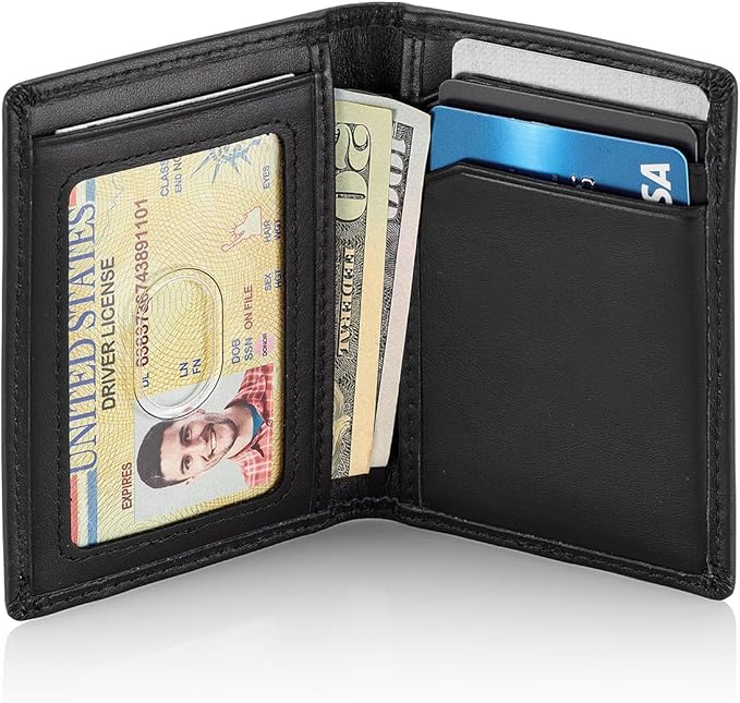 Stealth Mode Men's Slim Front Pocket Wallet - RFID Blocking, Thin Minimalist Design, Genuine Leather - ID Badge Window and 5 Sleeves for Money, Credit Cards, Driver License (Black/White)