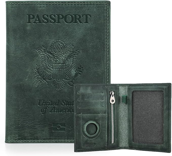CONTACTS Full Grain Leather Passport Holder RFID Blocking Travel Passport Wallet Compatible with Airtag Passport Cover Case with 4 Card Slots, Coin Pocket (Badge, Green)