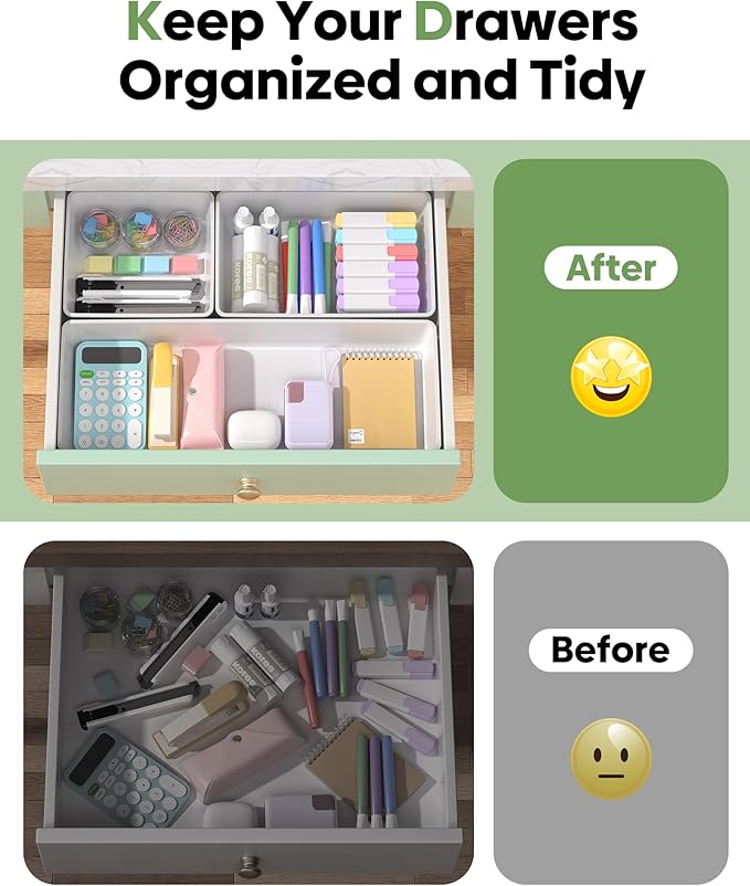 10 Pack Large Size Plastic Drawer Organizers Set, 3 Sizes Desk Drawer Organizer Trays, Storage Bins for Vanity, Makeup, Bathroom, Kitchen Utensils and Office (White)