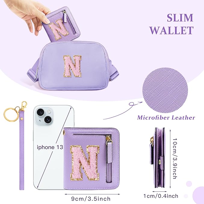 COSHAYSOO Preppy Wallet Gifts for Teen Girls Women Small Wallet RFID Bifold PU Leather Christmas Valentines Easter Mothers Fathers Day Nurse Appreciation Graduation Gifts Chenille Letter N Purple