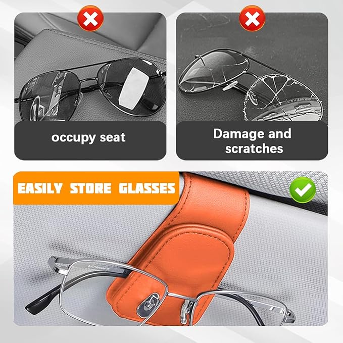 Sunglasses Holder for Car Visor, Microfiber Leather Magnetic Sun Visor Eyeglasses Hanger & Ticket Card Clip, Multi-Function Automotive Interior Glasses Mount, Universal Fit (Orange)