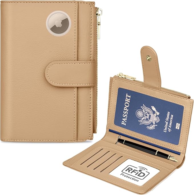 Passport Holder for Travel, Leather Passport Wallet with Airtag Slot, RFID Blocking Travel Wallet for Women Men, Passport Cover with Air Ticket Card Cash Coin Pocket, Travel Essentials Gift