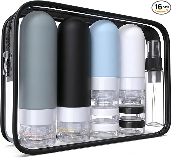 Laxen 16 Pack Travel Bottles Set with Clear Toiletry Bag TSA/CAA Approved Leakproof Silicone Refillable Travel Bottles for Toiletries & Accessories for Shampoo, Lotion and Creams (Black)
