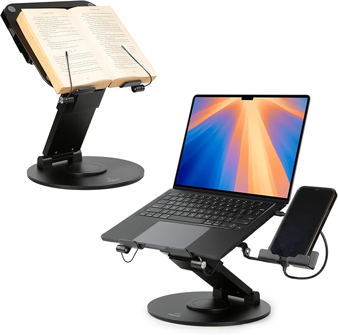 3-in-1 Adjustable Laptop Stand, Book Stand, and Phone Holder - 360° Rotating Display for All Laptops - 2??1" Height for Ergonomics - Office Desk Accessories - Stylish - Patented - Sky Black