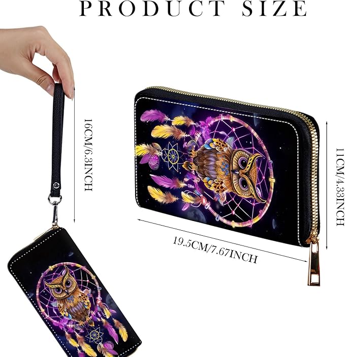 Zip Around Wallets for Women with Detachable Wrist Strap, Large Capacity RFID Blocking Leather Purse Organizer Card Holder Wristlet,Owl Dream Catcher